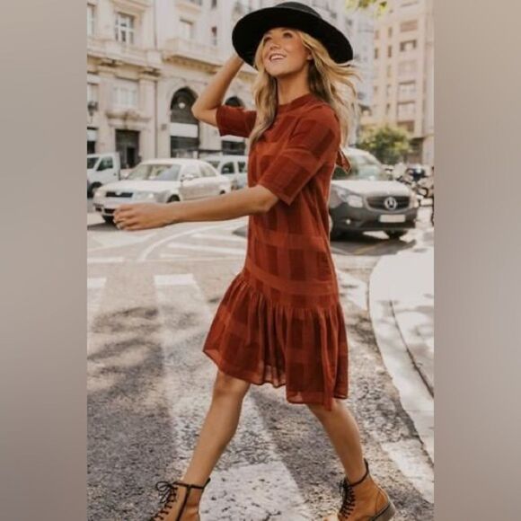 Pando grove Rust Half Sleeve Round Neck Natural
Cotton Plaid Mini Dress Sz S - Picture 1 of 14